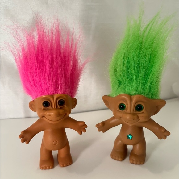 Russ Other - 2 Vtg troll dolls One pink hair/ Green Hair Jewel 4" high doll russNovelty